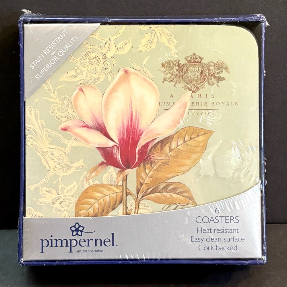 Pimpernel RHS Sugar Magnolia Coasters Set of 6 Floral Vintage Parisian Script